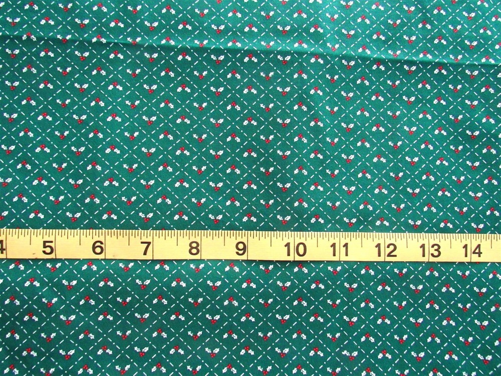1 yd 100% Cotton Fabric Green with White Ivy & Red Berries in Diamonds