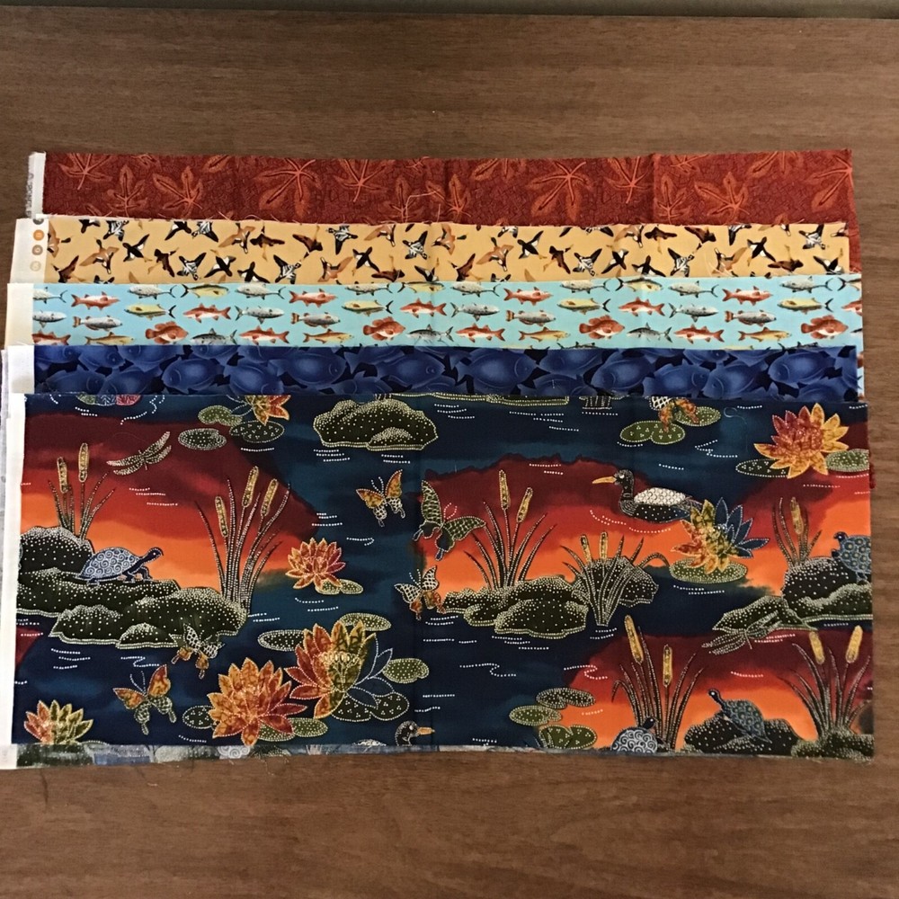 9×44″ quarter yard bundle 5 Pieces Vtg 100% Cotton Fabric Plants Fish Ducks
