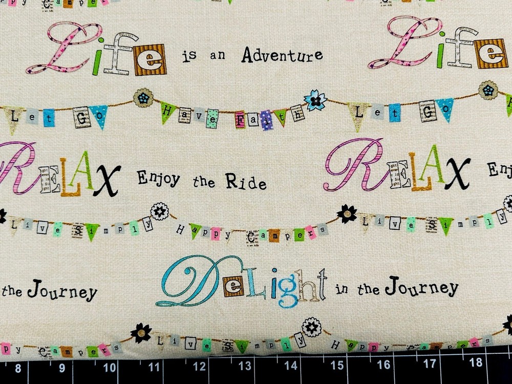 Tina SCRAP 9″x21″ Happy Camper Relax Word Journey Vacation Travel FABRIC COTTON
