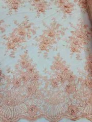 “Peach 3D Floral Beaded Embroidered Lace on Mesh Fabric – Sold by the Yard, Perf