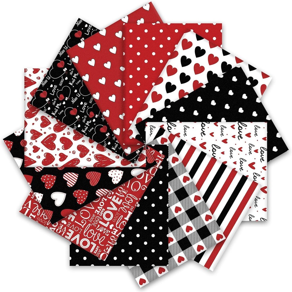 12Pcs Red Black Love Heart Cotton Fabric Bundles 10 x 10 Inch Red Black Love