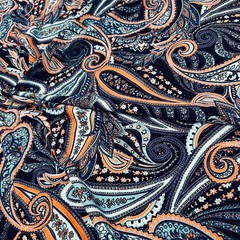 Blue and Orange Paisley Print Stretch Fabric 60″wide Swimsuit Spandex By Yard