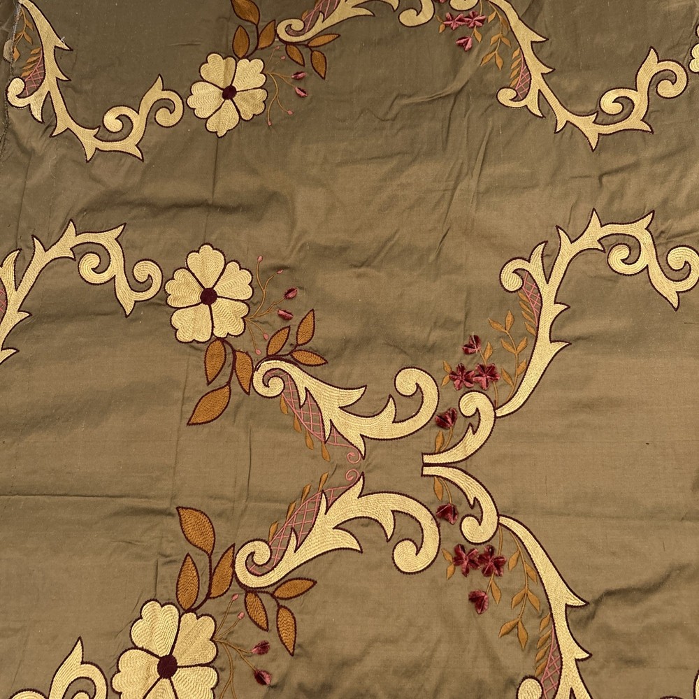 Silk Taffeta Embroidered Floral Fabric Bronze Luxury Textile 2.5 Yd X 56″