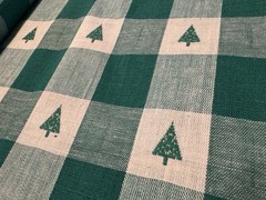 VTG Woven Green Buffalo Plaid Embroidered Christmas Trees Cotton Fabric BTY 58″W