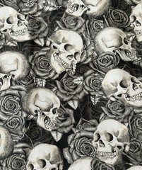 Skulls and Roses Cotton Fabric – Halloween – Black, Gray, White – 1 yard