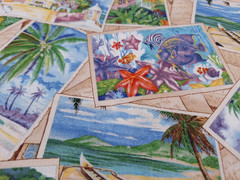 1 yd Tropical Vacation Fabric D#12386 Cotton 42 inches wide Postcards Birds Boat