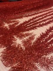 Red Celestial Fern Beaded Lace Fabric – Crystal Embroidered Tulle Prom Fabric