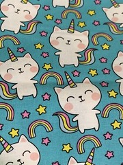 FQ Rainbow Kitty Cat Unicorn Stars Cotton Fabric Fat Quarter