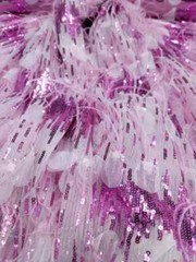 “Mesh Fabric with Embroidered Feathers, Sequins, and Pink Lace – Sold by the Yar