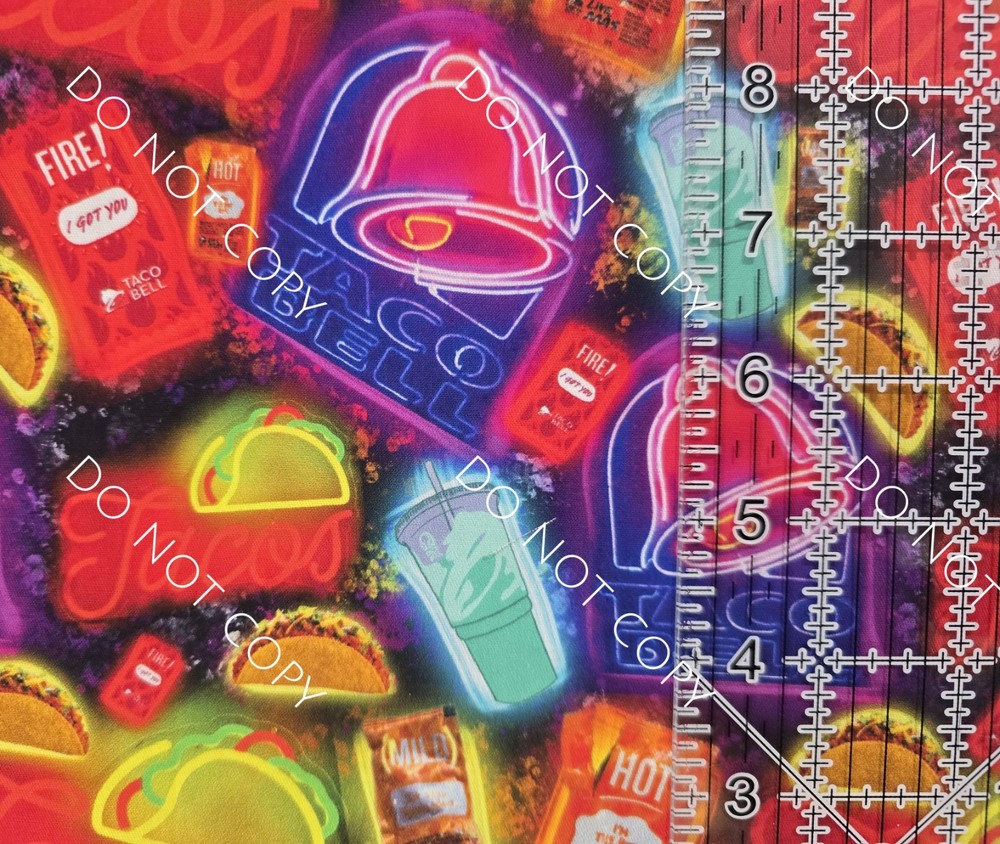 100% Cotton Woven Novelty Fabric Taco Bell Fast Food By The 1/4 Yard 9×56 Neon
