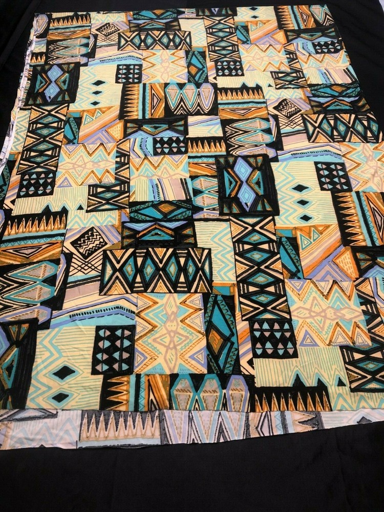 2yd(78″)Lx60″W yellow/black/teal/blue SW-theme pattern jersey qiana-like knit