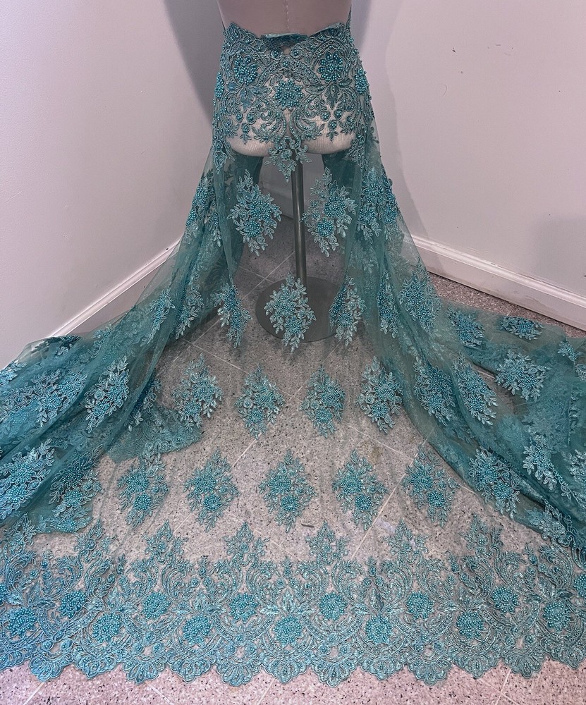 Sea Foam Embroidery Pearl Beaded Bridal Lace Fabric 50” Width 1 Yard