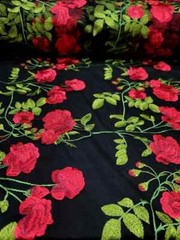 “Black Lace Fabric with Red and Green Floral Design for Crafts and Clothing – So