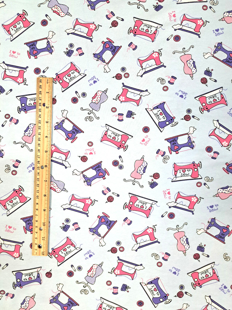 Vintage Sewing Machine Fabric Cotton Stretchy Knit Dress I Love to Sew 60″ Wide