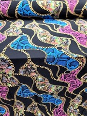 Blue and Yellow Snake Animal Print on Black Spandex Knit Fabric by the Yard