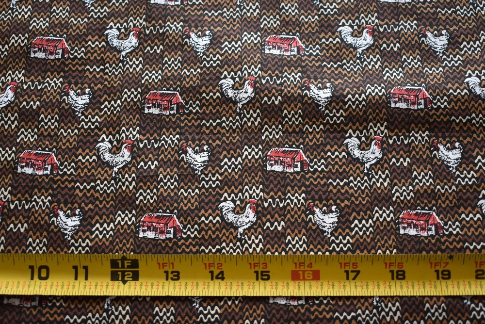 By 1/2 Yd, Vintage, Red & Cream Roosters & Barns on Brown Quilt Cotton, B1207