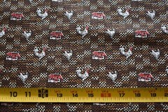 By 1/2 Yd, Vintage, Red & Cream Roosters & Barns on Brown Quilt Cotton, B1207
