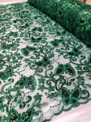 ´´Emerald Green Lace Fabric with Butterflies, Sequins, and Mesh for Dresses and