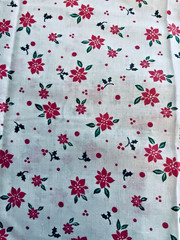 VTG Christmas Holiday Fabric Holly Poinsettia & Red Dots On White BTFQ