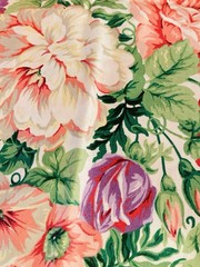 Med Pink Purple Flowers Green Leaves on White Large Print Fabric 1Y VTG Cranston