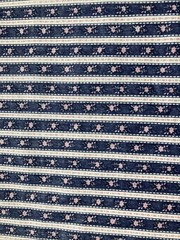 VTG Blue Ticking Stripe Fabric Petite Pink Rose 90 Fabric Traditions 1 1/3 yd +