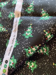Green Trees Red Pink Blue Lights White Speckled on Black Cotton Fabric 3Y x 44″W