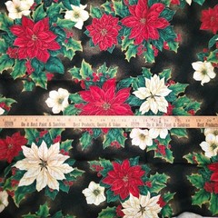 1 Yd 22″ x 58″ Poinsettias &Holly Gold Accent on Black Fabric Cranston V. I. P.