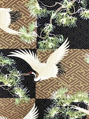 Japanese fabric cranes birds art deco black brown gold heron stork asian chinese