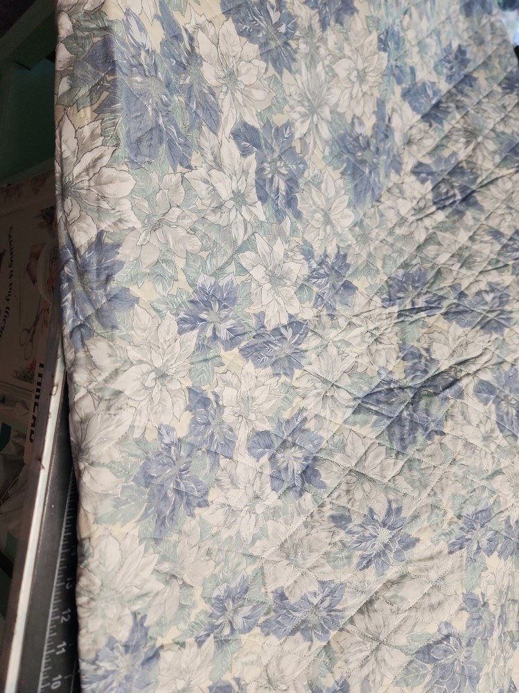 1 Yard Pre-quilted Concord Blue White Floral-plaid Silver Metallic Cotton Fabric