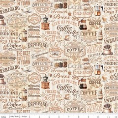 Coffee Time Text Cream Cotton Fabric
