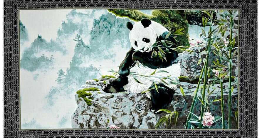Panda Bear Chinese Animal Bamboo Asian Themed Cotton Fabric QT 24″ Panel