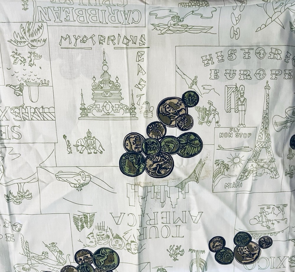 VTG Novelty Travel Themed Famous World Landmarks and Coins 26½” x 28”