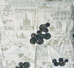 VTG Novelty Travel Themed Famous World Landmarks and Coins 26½” x 28”