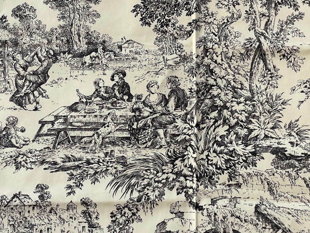 Vtg House ‘N Home Toile Fabric 1986 Black White 33″ X 54″
