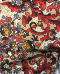Floral Flourish Bright Red Pink Gray Tan Upholstery Fabric 56×44″ 1.5yd