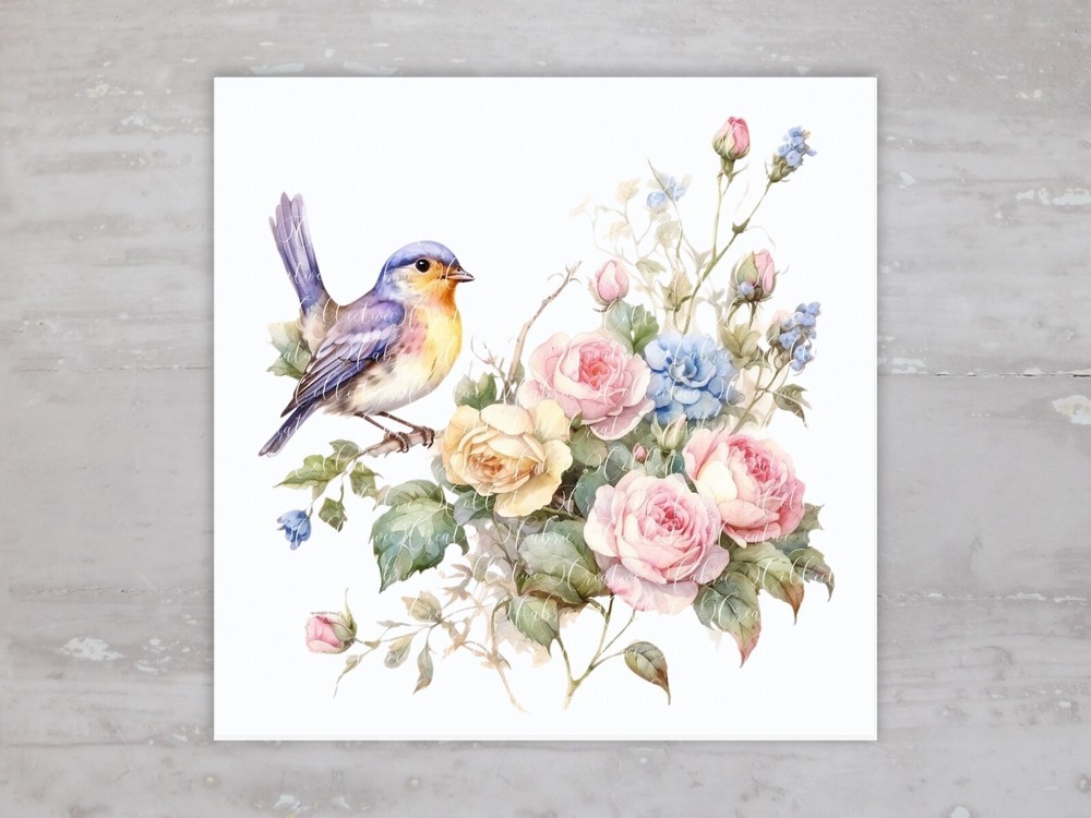 Floral Rose Cottage Bird On Branch Quilt Fabric Panel Sewing Quilting Block A133