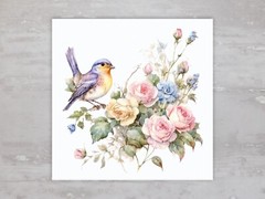 Floral Rose Cottage Bird On Branch Quilt Fabric Panel Sewing Quilting Block A133