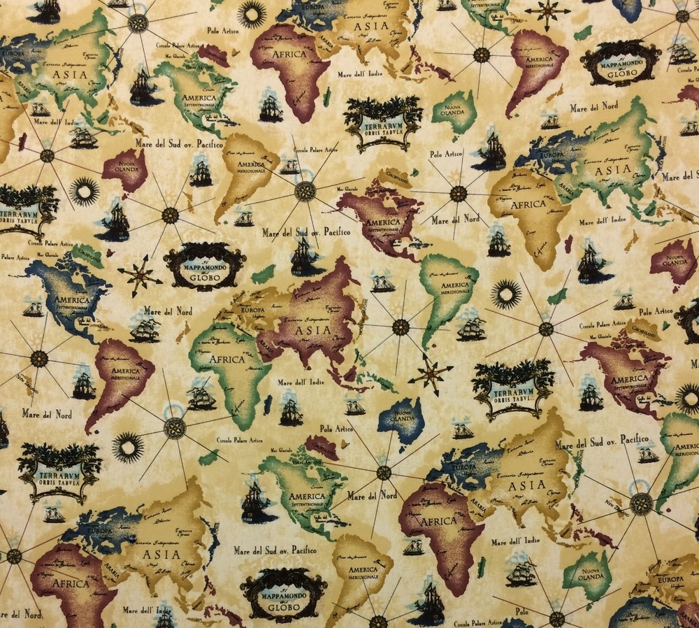 ITALIAN WORLD MAP SET SAIL BEIGE SHIPS COMPASS NOVELTY FABRIC 1.8 YARDS 54″W