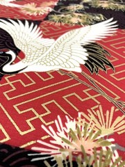Japanese fabric cranes birds art deco black red gold heron stork asian chinese