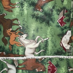 Vintage Cranston Horses on Farm with Barns on Green 100% Cotton ~ By the Yard