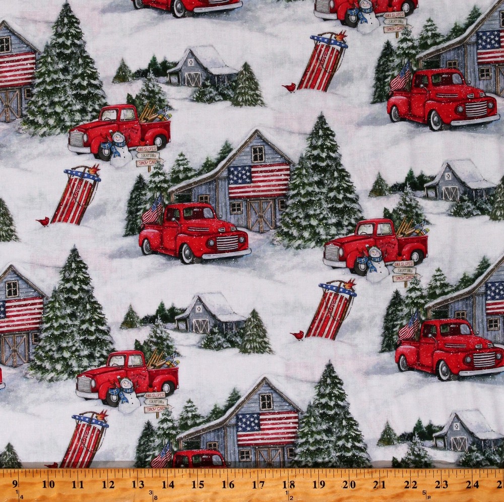 Cotton Snow Red Trucks Winter Christmas Barns White Fabric Print by Yard D503.54