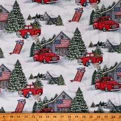 Cotton Snow Red Trucks Winter Christmas Barns White Fabric Print by Yard D503.54