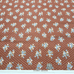 VTG Nosegays On Birdseye Blue White On Rust Debut Designs Cotton Fabric 2.7 YDS
