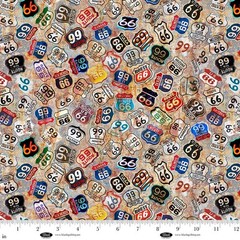HISTORIC HIGHWAY BLANK QUILTING VINTAGE RETRO ROUTE 66 SIGNS COTTON FABRIC HY