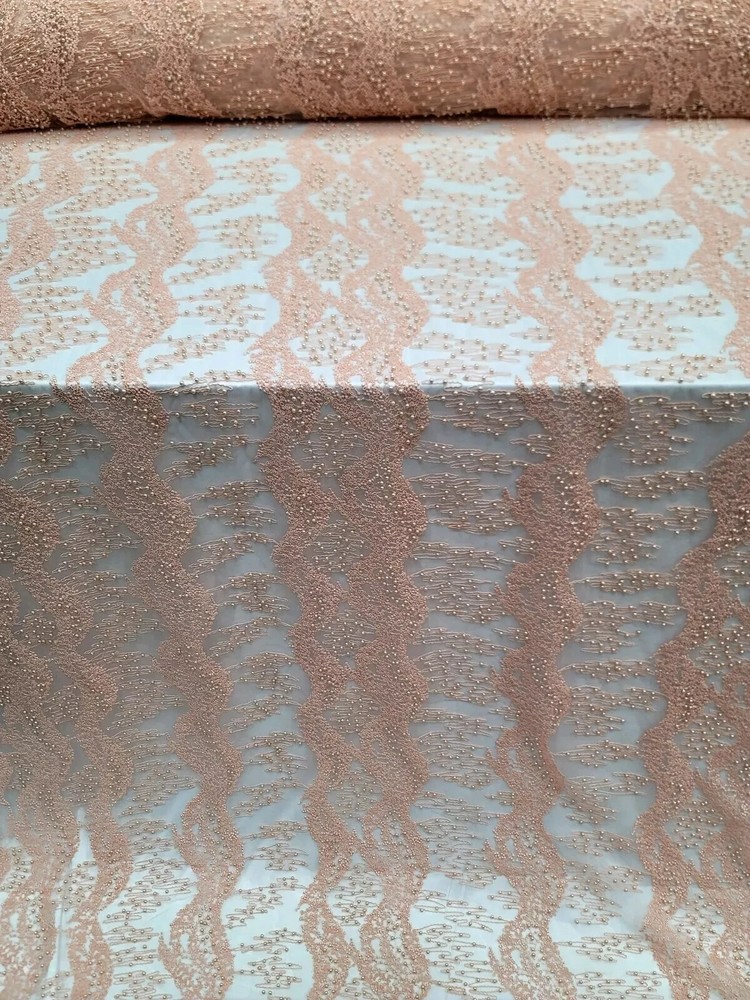 Luxury Hand-Embroidered Peach Lace Fabric by the Yard – Beaded Mesh Lace