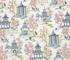 BALLARD DESIGNS SUKI BLUE CHINOISERIE VILLAGE MULTIUSE FABRIC BY YARD 54″W