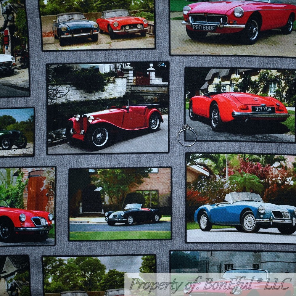 BonEful FABRIC FQ Cotton Quilt Gray Black Red Blue Classic VTG Antique Sport CAR