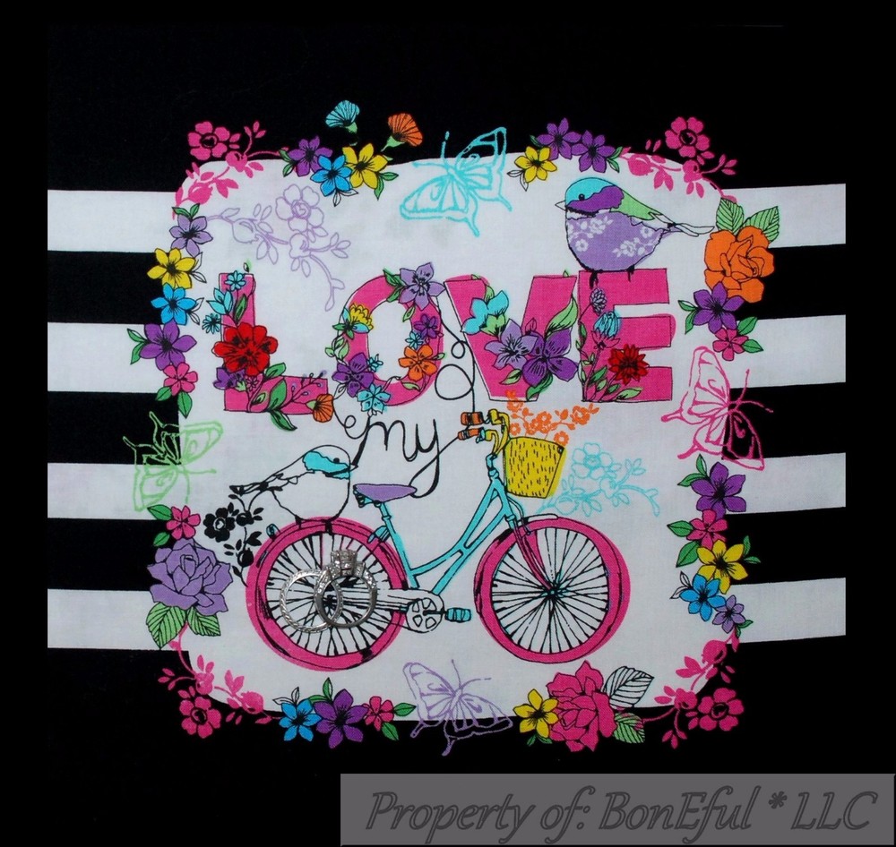 BonEful Fabric FQ Cotton Quilt VTG B&W Spring Flower Butterfly Bike Block Square