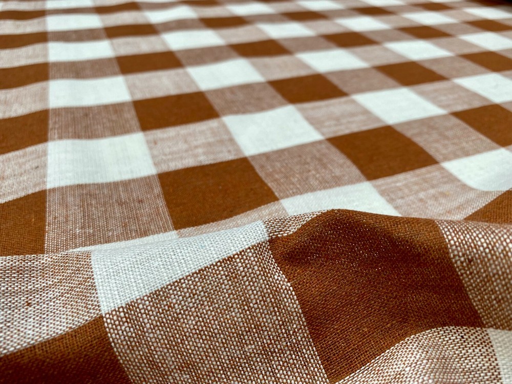 Gingham Checked Linen Fabric Plaid Buffalo Material 150cm wide LIGHT BROWN Terra