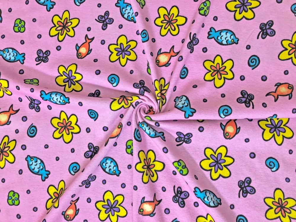 Pink Fish & Flowers Garden 100% Cotton Knit Fabric 52″W By Yard-CTPR13